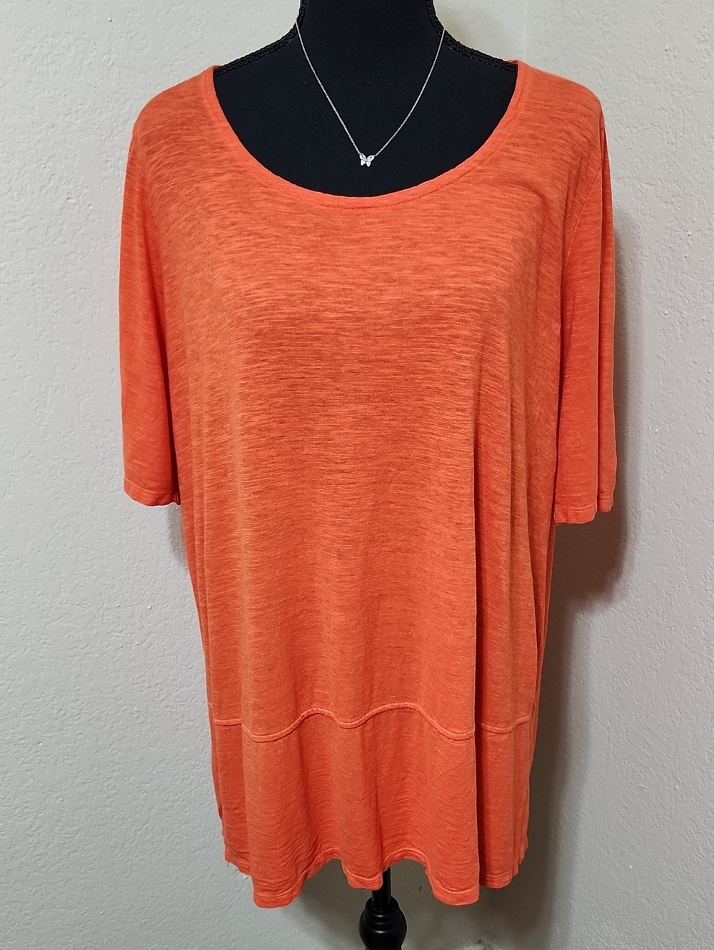 Eileen Fisher Asymmetric Seam Short Sleeve Tunic Top Coral Orange XL Langenlook